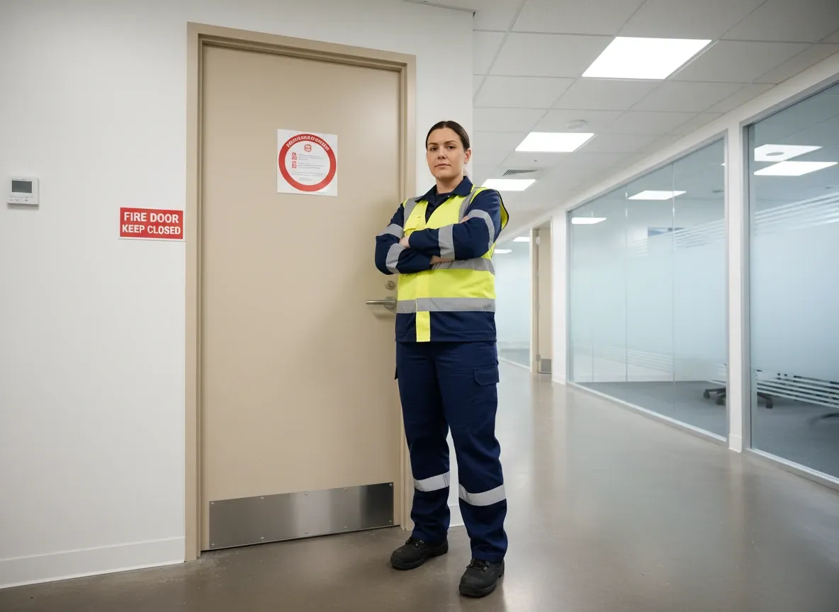 Kennedy Fire technician at completed fire door installation